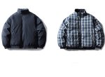 画像1: Navy blue x color block check pattern reversible stand collar zip-up down jacket blouson ユニセックス 男女兼用ネイビーブルー×カラーブロックチェック柄リバーシブルスタンドカラージップアップダウンコートブルゾン (1)