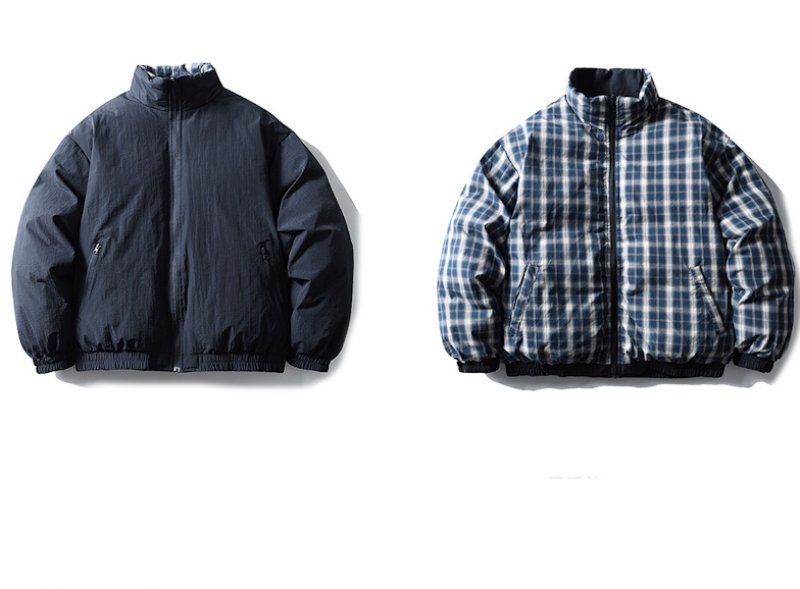 画像1: Navy blue x color block check pattern reversible stand collar zip-up down jacket blouson ユニセックス 男女兼用ネイビーブルー×カラーブロックチェック柄リバーシブルスタンドカラージップアップダウンコートブルゾン (1)