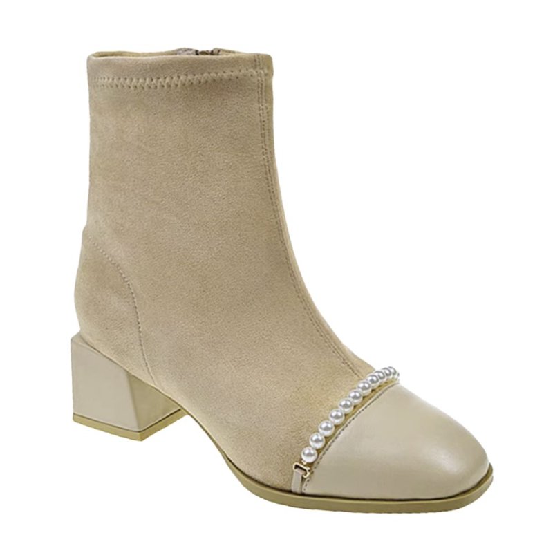 画像1: Women's Strech Pearl Casati Combat Short Ankle Boots ストレッチ パール アンクル ブーツ ショートブーツ  ブーティー (1)