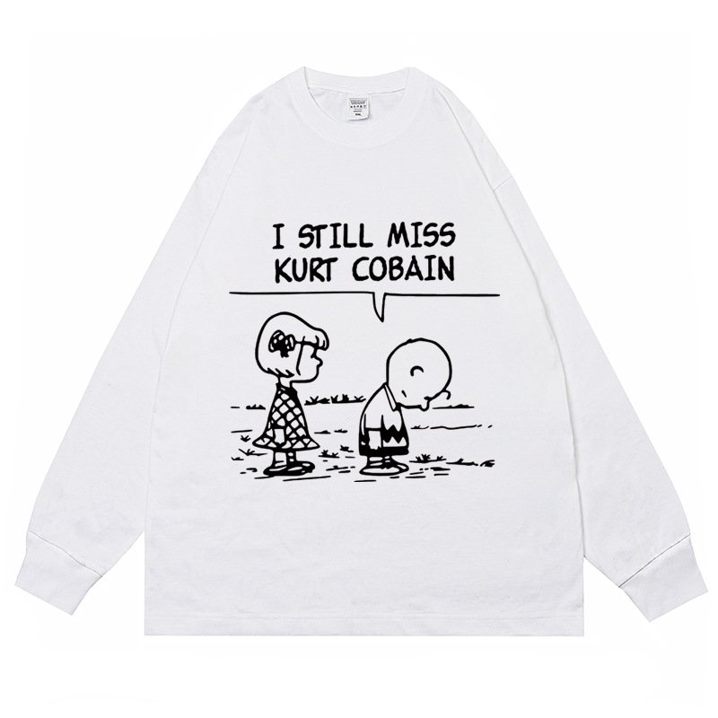 画像1: unisex Nirvana x Kurt Cobain x Charlie Brown x Lucy print long-sleeved t-shirt  ユニセックニルヴァーナ×スカート・コバーンスヌーピーフレンドチャーリーブラウン＆ルーシープリント 長袖ラウンドネック Tシャツ  バンドT (1)