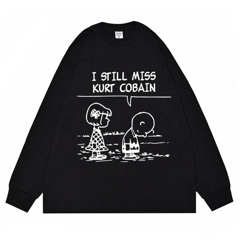 画像2: unisex Nirvana x Kurt Cobain x Charlie Brown x Lucy print long-sleeved t-shirt  ユニセックニルヴァーナ×スカート・コバーンスヌーピーフレンドチャーリーブラウン＆ルーシープリント 長袖ラウンドネック Tシャツ  バンドT (2)