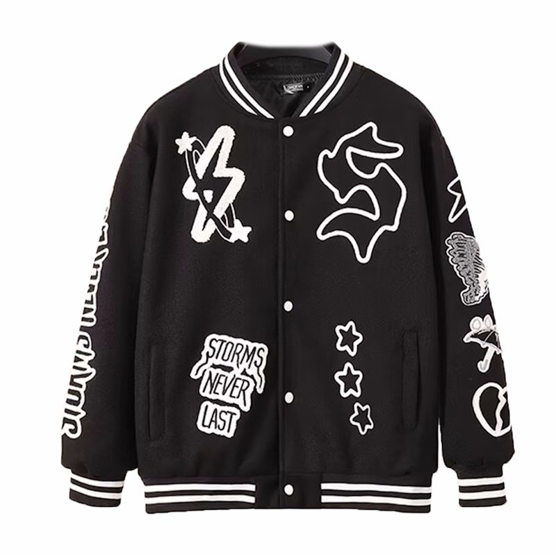 画像2: American style embroidered PU leather sleeve stadium jacketBaseball Jacket Coat blouson ユニセックス 男女兼用 アメリカンレトロ刺繍PUレザースリーブ スタジャン ジャケットブルゾン (2)