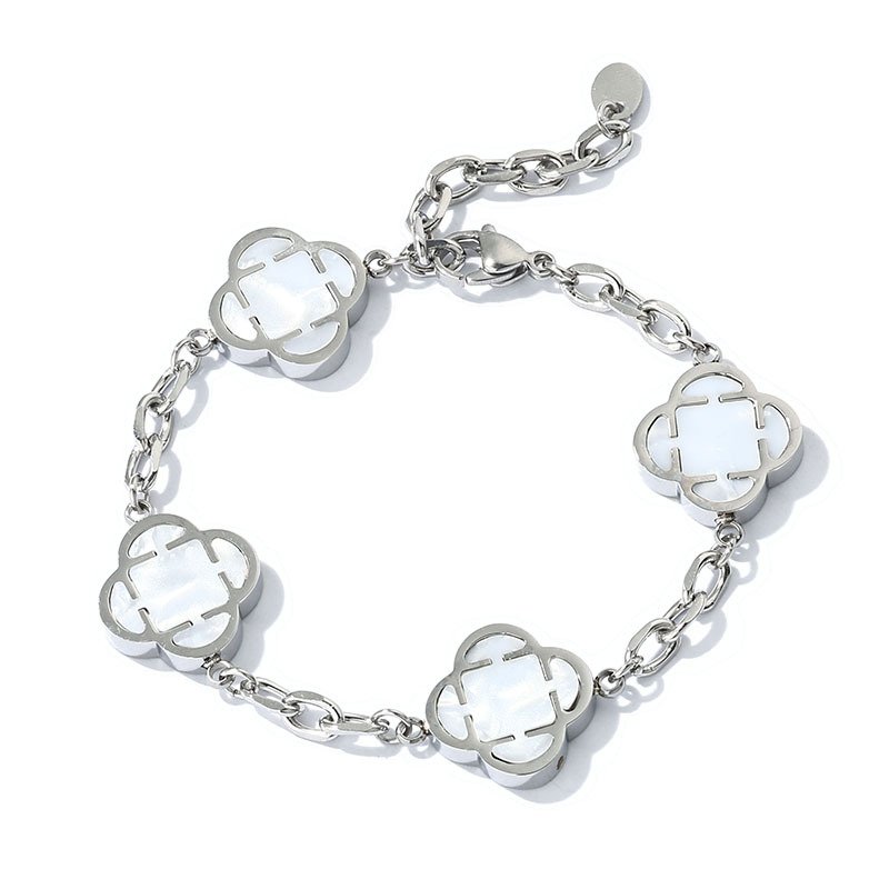 画像3: Silver Clover Stone Shell Bracelet 男女兼用 ユニセックス シルバー 四つ葉 クローバー 天然貝 ストーン ブレスレット (3)