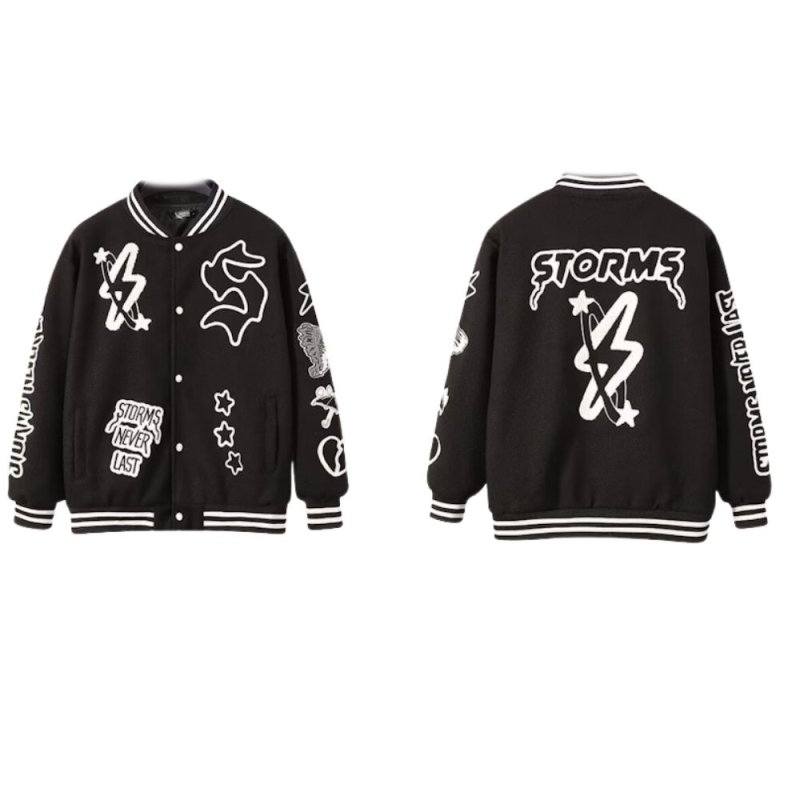 画像1: American style embroidered PU leather sleeve stadium jacketBaseball Jacket Coat blouson ユニセックス 男女兼用 アメリカンレトロ刺繍PUレザースリーブ スタジャン ジャケットブルゾン (1)