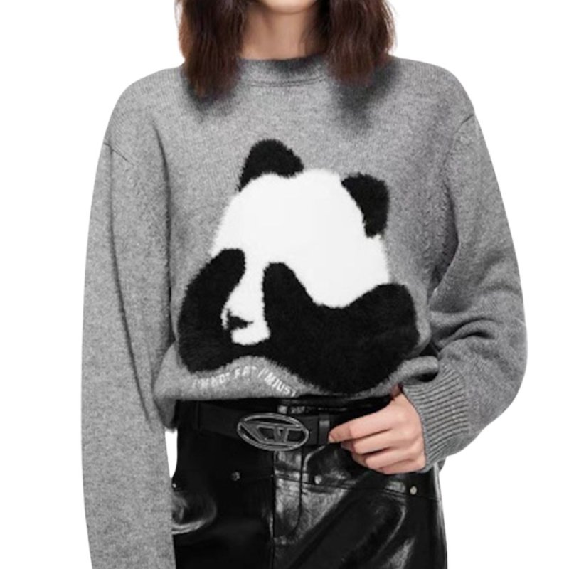 画像1: Panda knitted round neck sweater　パンダ編み込みラウンドネック長袖セーター  (1)