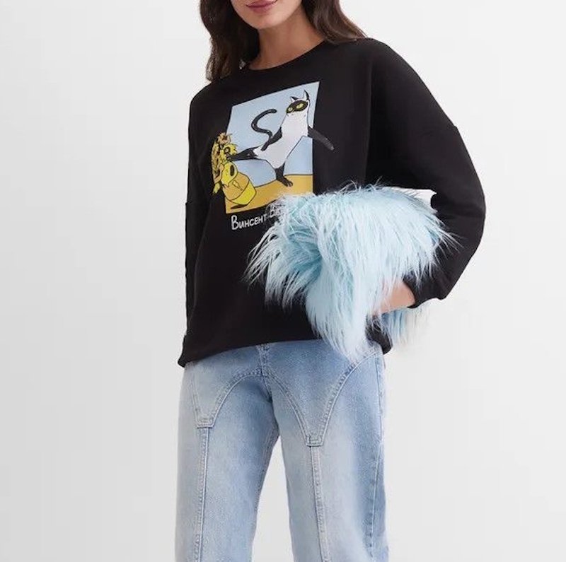 画像2: Unisex Kick Cat & Sunflower Print Round Neck Sweatshirt 男女兼用 キックキャット＆ひまわりプリントスウェット プルオーバー トレーナー (2)