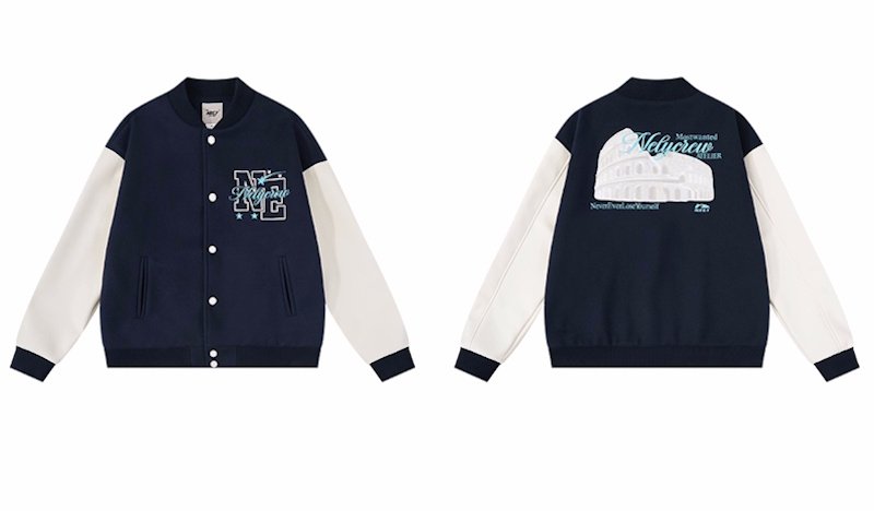 画像1: Colorblock Leather Sleeve Baseball Jacket  Coat blouson ユニセックス 男女兼用カラーブロックレザースリーブベースボールジャケット スタジャン ブルゾン (1)