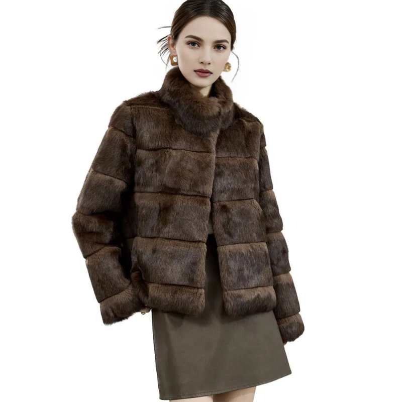 画像2: Women's Rabbit fur knitted coat jacket ラビットファー モコモコ ハーフコート ジャケット (2)