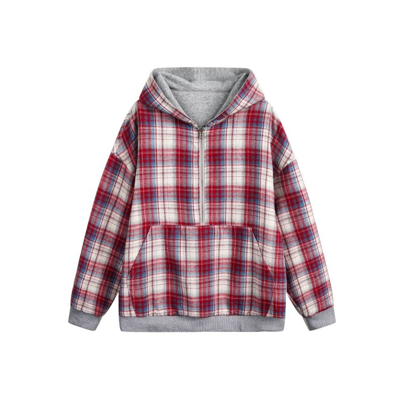 画像4: Angel print & plaid & reversible half-zip large pocket hoodie jacket　ユニセックス 男女兼用天使プリント＆格子縞＆リバーシブルハーフジップポケットフーディージャケット (4)