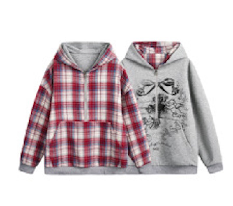 画像1: Angel print & plaid & reversible half-zip large pocket hoodie jacket　ユニセックス 男女兼用天使プリント＆格子縞＆リバーシブルハーフジップポケットフーディージャケット (1)