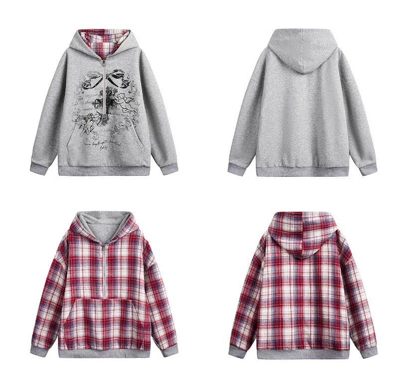 画像2: Angel print & plaid & reversible half-zip large pocket hoodie jacket　ユニセックス 男女兼用天使プリント＆格子縞＆リバーシブルハーフジップポケットフーディージャケット (2)