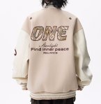画像5: One-letter logo embroidered leather sleeve stadium jacket baseball jackets baseball uniform jacket blouson ユニセックス男女兼用 ONN刺繍 スタジアムジャンパー スタジャン ジャケットブルゾン (5)