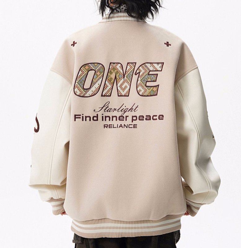 画像5: One-letter logo embroidered leather sleeve stadium jacket baseball jackets baseball uniform jacket blouson ユニセックス男女兼用 ONN刺繍 スタジアムジャンパー スタジャン ジャケットブルゾン (5)