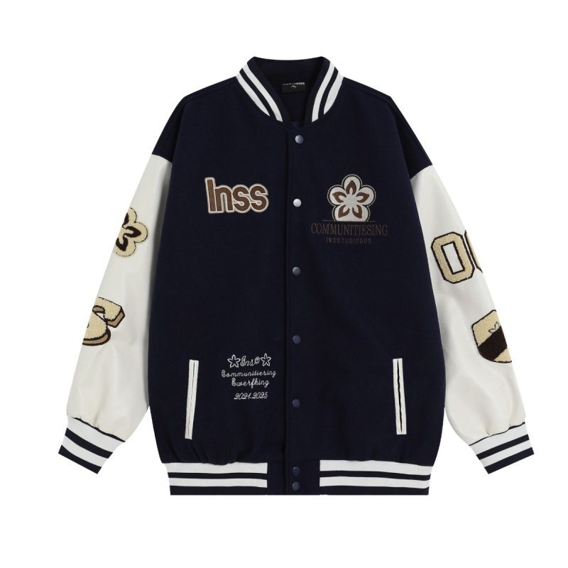 画像3: INSS letter & flower embroidery baseball jackets baseball uniform jacket blouson ユニセックス男女兼用 レター & フラワー刺繍 スタジアムジャンパー スタジャン ジャケットブルゾン (3)