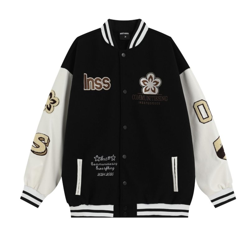 画像1: INSS letter & flower embroidery baseball jackets baseball uniform jacket blouson ユニセックス男女兼用 レター & フラワー刺繍 スタジアムジャンパー スタジャン ジャケットブルゾン (1)
