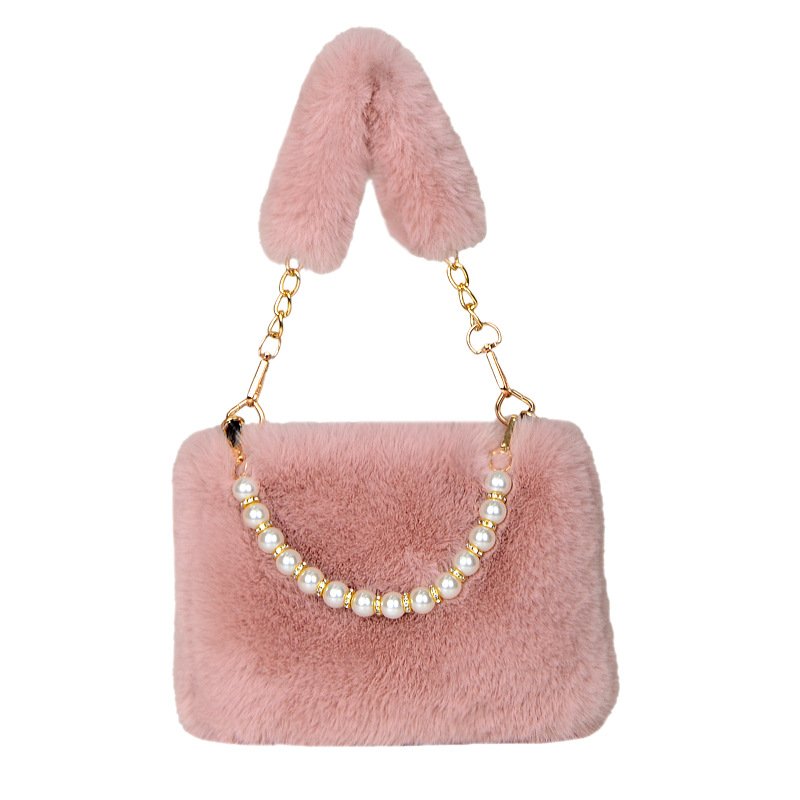 画像1: Woman’s pearl  Faux Fur Tote Bag handbag フェイク ファー パールハンドル トートバッグ　 (1)