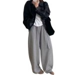 画像2:  Loose Fit Curved Wide Leg Pants　 ユニセックス ルーズフィットカーブドワイド レッグ パンツワイド スウェットパンツ (2)