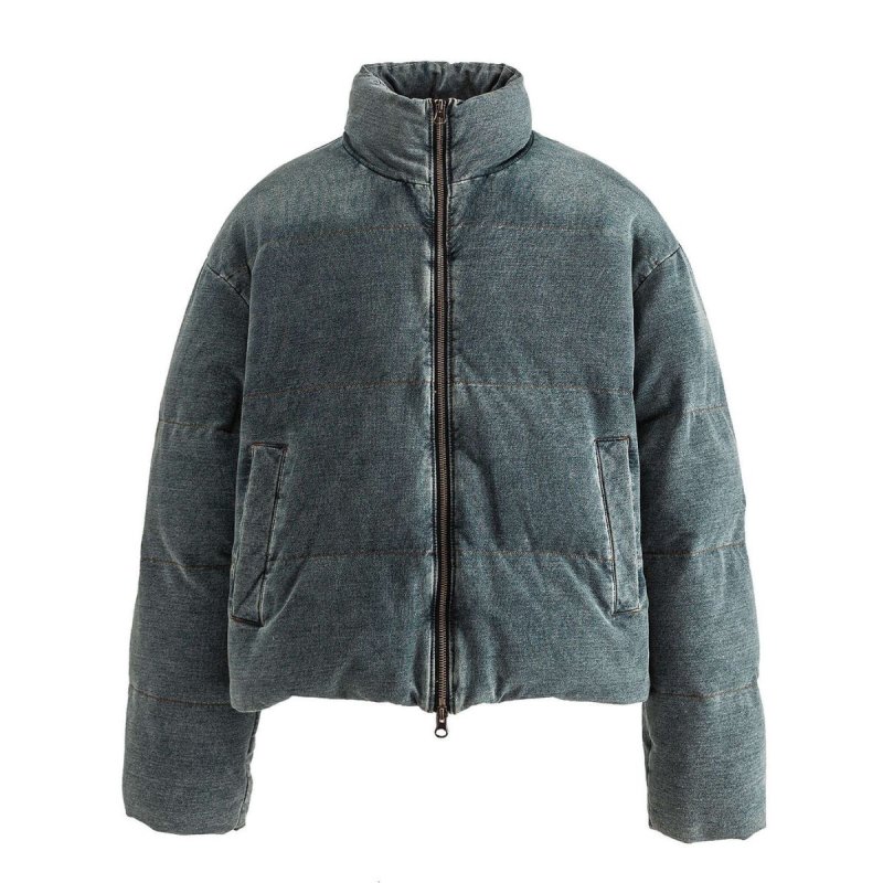 画像2: Denim Down jacket blouson coat ユニセックス 男女兼用 デニム スタンドカラー ダウンジャケット ブルゾン (2)