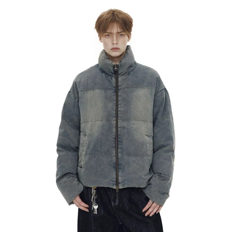 画像1: Denim Down jacket blouson coat ユニセックス 男女兼用 デニム スタンドカラー ダウンジャケット ブルゾン (1)