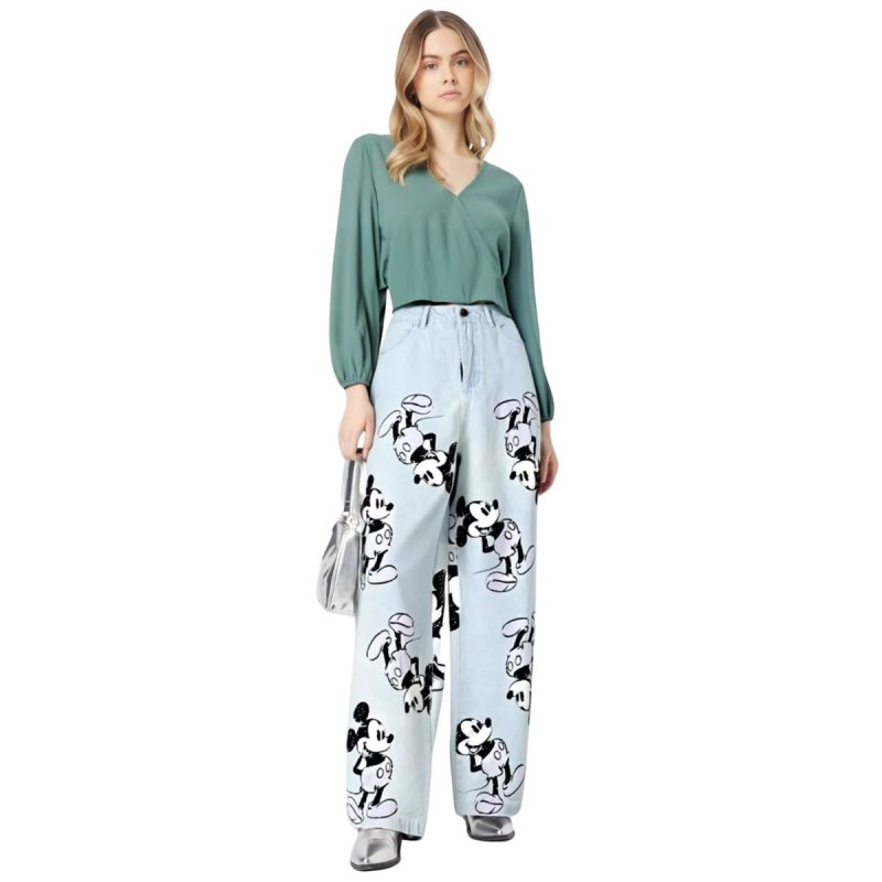 画像1: Unisex Vintage Design Mickey Mouse Denim Pants Jeans 男女兼用 ユニセックス ヴィンテージ デザイン ミッキーマウス デニムパンツ ジーンズ ワイド (1)