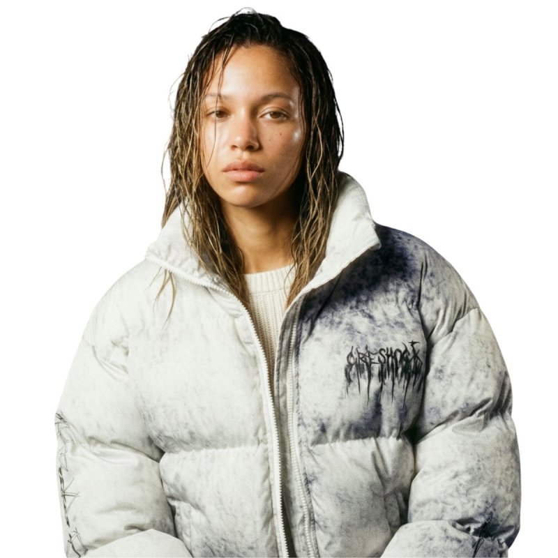 画像6: Spray paint Down jacket blouson coat ユニセックス 男女兼用スプレーペイント ロゴ スタンドカラー ダウンジャケット ブルゾン (6)