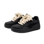画像1: Black Denim x Leather sneakers y2k Lace-up shoes ユニセックス 男女兼用 ブラック デニム レザー レースアップスニーカー (1)