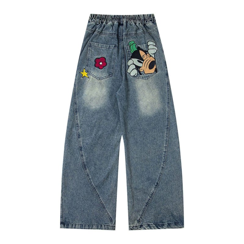画像2: Unisex Vintage Design Mickey Mouse with Minnie mouse Embroidery Emblem Check Denim Pants 男女兼用 ユニセックス ヴィンテージ デザイン ミッキーマウス ミニーマウス スマイル 刺繡 エンブレム デニムパンツ ジーンズ (2)
