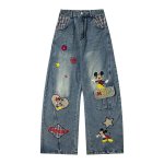 画像1: Unisex Vintage Design Mickey Mouse with Minnie mouse Embroidery Emblem Check Denim Pants 男女兼用 ユニセックス ヴィンテージ デザイン ミッキーマウス ミニーマウス スマイル 刺繡 エンブレム デニムパンツ ジーンズ (1)