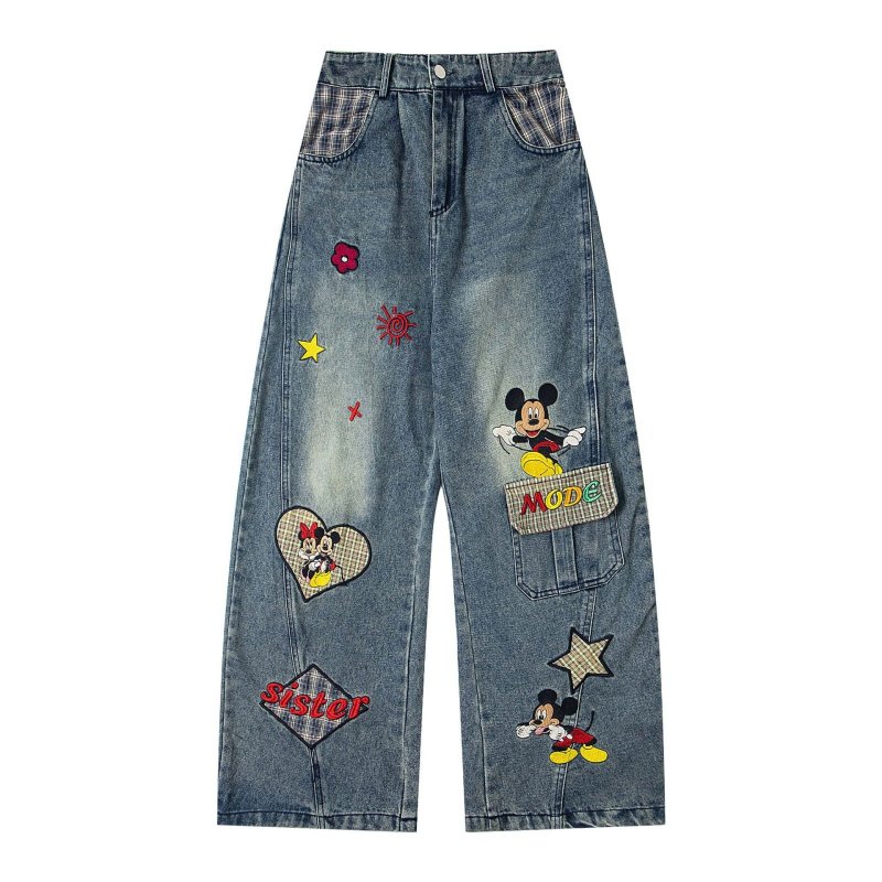 画像1: Unisex Vintage Design Mickey Mouse with Minnie mouse Embroidery Emblem Check Denim Pants 男女兼用 ユニセックス ヴィンテージ デザイン ミッキーマウス ミニーマウス スマイル 刺繡 エンブレム デニムパンツ ジーンズ (1)
