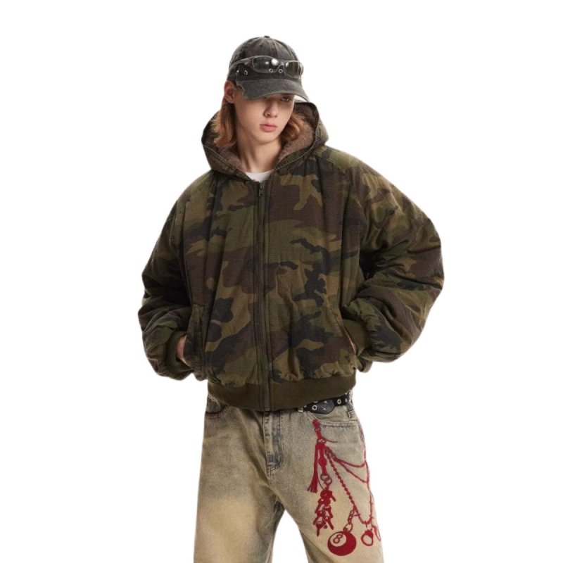 画像2: Camouflage zip up jacket hoodie blouson ユニセックス 男女兼用 迷彩 ジップアップ ボア付き パーカー ジャケット ボンバー ブルゾン コート Y2K (2)