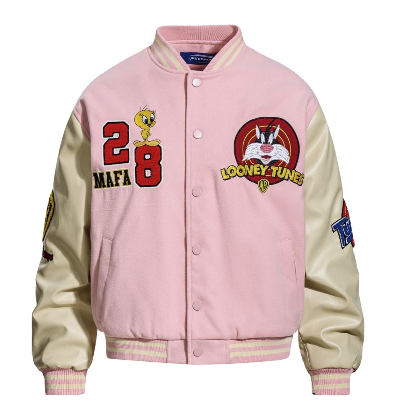画像2: Unisex Looney tunes tweety leather stadium jacket baseball uniform blouson  ユニセックス 男女兼用 ルーニー・テューンズ トゥイーティー レザー スタジアムジャンパー スタジャン MA-1 ボンバー ジャケット ブルゾン (2)