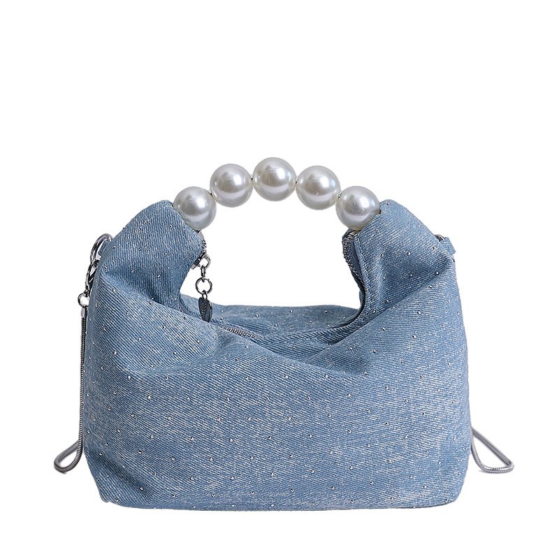 画像2: Portable Pearl Handledenim bucket bag Tote Bag  ポータブル パール 真珠 デニム バケット トート ショルダーバッグ (2)