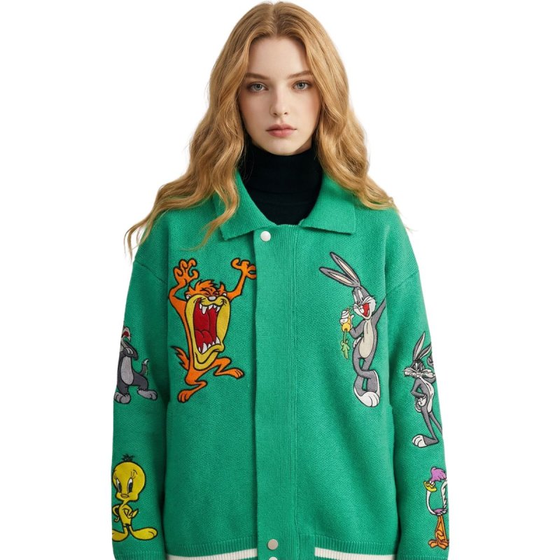 画像1: Bugs Bunny Knit Zip Up Jacket baseball uniform jacket blouson ユニセックス 男女兼用 バックスバニーニット ジップアップジャケット スタジアムジャンパー スタジャン ブルゾン (1)