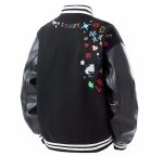 画像4: Floral and pop embroidered leather sleeve varsity jacket baseball uniform jacket blouson ユニセックス 男女兼用 花柄&ポップ刺繍レザースリーブ スタジアムジャンパー スタジャン ジャケットブルゾン (4)