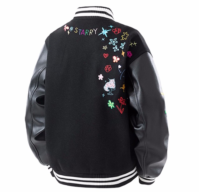 画像4: Floral and pop embroidered leather sleeve varsity jacket baseball uniform jacket blouson ユニセックス 男女兼用 花柄&ポップ刺繍レザースリーブ スタジアムジャンパー スタジャン ジャケットブルゾン (4)