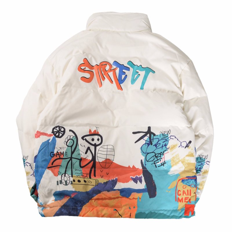画像5: Graffiti print stand collar down jacket coat blouson  ユニセックス 男女兼用 グラフィティプリントダウンジャケット コートスタンドカラー ブルゾン (5)