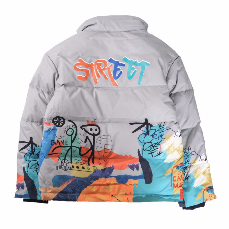 画像4: Graffiti print stand collar down jacket coat blouson  ユニセックス 男女兼用 グラフィティプリントダウンジャケット コートスタンドカラー ブルゾン (4)