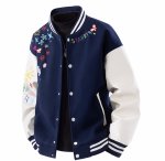 画像1: Floral and pop embroidered leather sleeve varsity jacket baseball uniform jacket blouson ユニセックス 男女兼用 花柄&ポップ刺繍レザースリーブ スタジアムジャンパー スタジャン ジャケットブルゾン (1)