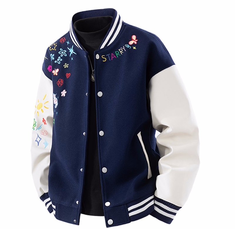 画像1: Floral and pop embroidered leather sleeve varsity jacket baseball uniform jacket blouson ユニセックス 男女兼用 花柄&ポップ刺繍レザースリーブ スタジアムジャンパー スタジャン ジャケットブルゾン (1)