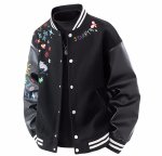 画像2: Floral and pop embroidered leather sleeve varsity jacket baseball uniform jacket blouson ユニセックス 男女兼用 花柄&ポップ刺繍レザースリーブ スタジアムジャンパー スタジャン ジャケットブルゾン (2)