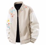 画像3: Floral and pop embroidered leather sleeve varsity jacket baseball uniform jacket blouson ユニセックス 男女兼用 花柄&ポップ刺繍レザースリーブ スタジアムジャンパー スタジャン ジャケットブルゾン (3)