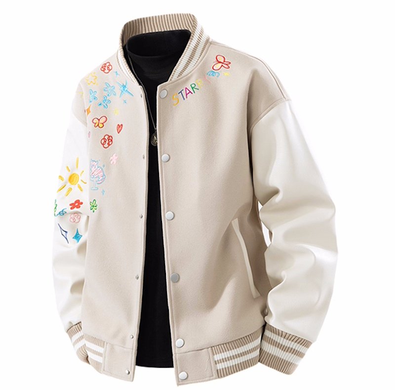 画像3: Floral and pop embroidered leather sleeve varsity jacket baseball uniform jacket blouson ユニセックス 男女兼用 花柄&ポップ刺繍レザースリーブ スタジアムジャンパー スタジャン ジャケットブルゾン (3)