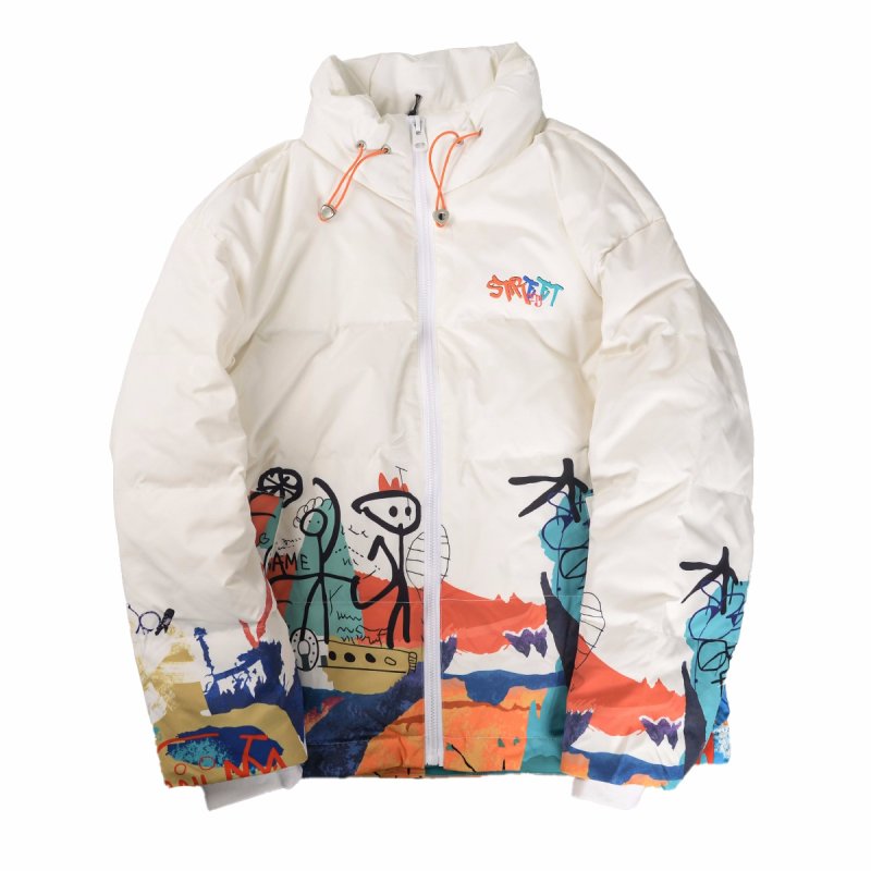 画像3: Graffiti print stand collar down jacket coat blouson  ユニセックス 男女兼用 グラフィティプリントダウンジャケット コートスタンドカラー ブルゾン (3)
