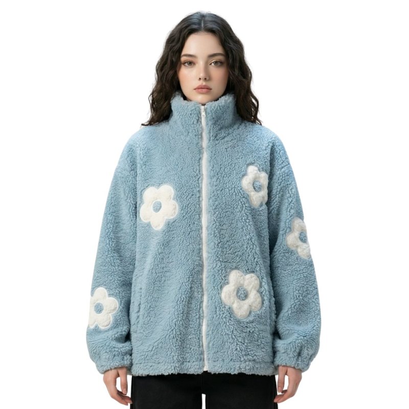 画像1: Oversized White Floral jacquard zipper high collar polar fleece jacket フローラルジャカードジッパーハイカラーポーラーフリースジャケットコート (1)