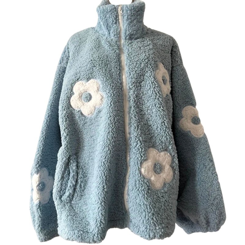 画像2: Oversized White Floral jacquard zipper high collar polar fleece jacket フローラルジャカードジッパーハイカラーポーラーフリースジャケットコート (2)