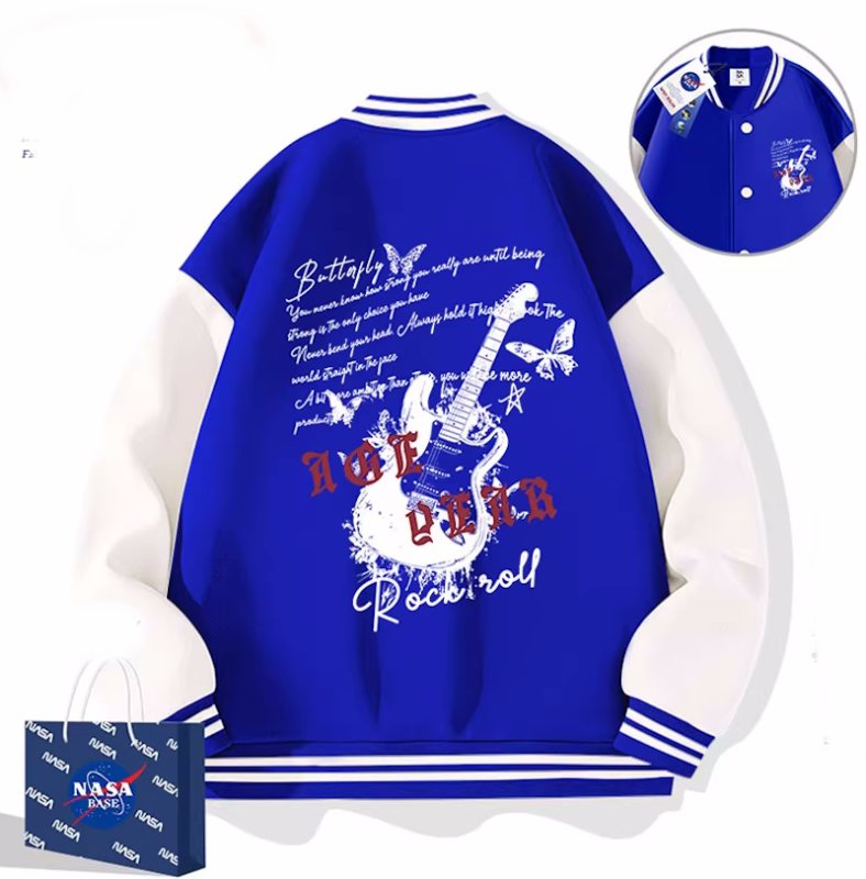 画像1: Rock and roll guitar  jacket baseball uniform jacket blouson ユニセックス 男女兼用 ロックンロールギター刺繍 ジャケット スタジアムジャンパー スタジャン ジャケットブルゾン (1)