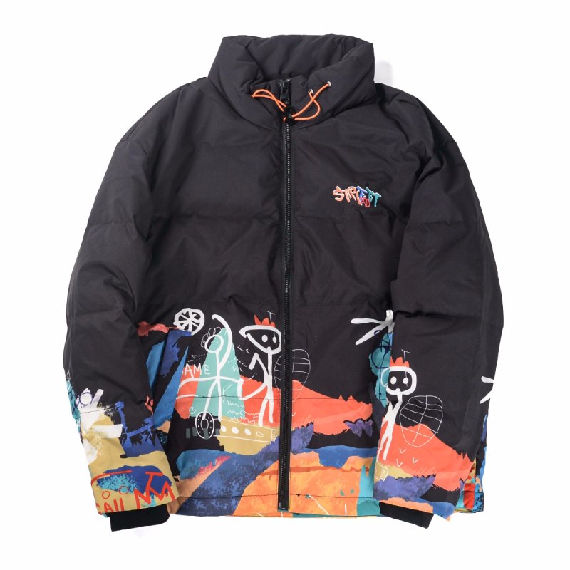 画像2: Graffiti print stand collar down jacket coat blouson  ユニセックス 男女兼用 グラフィティプリントダウンジャケット コートスタンドカラー ブルゾン (2)