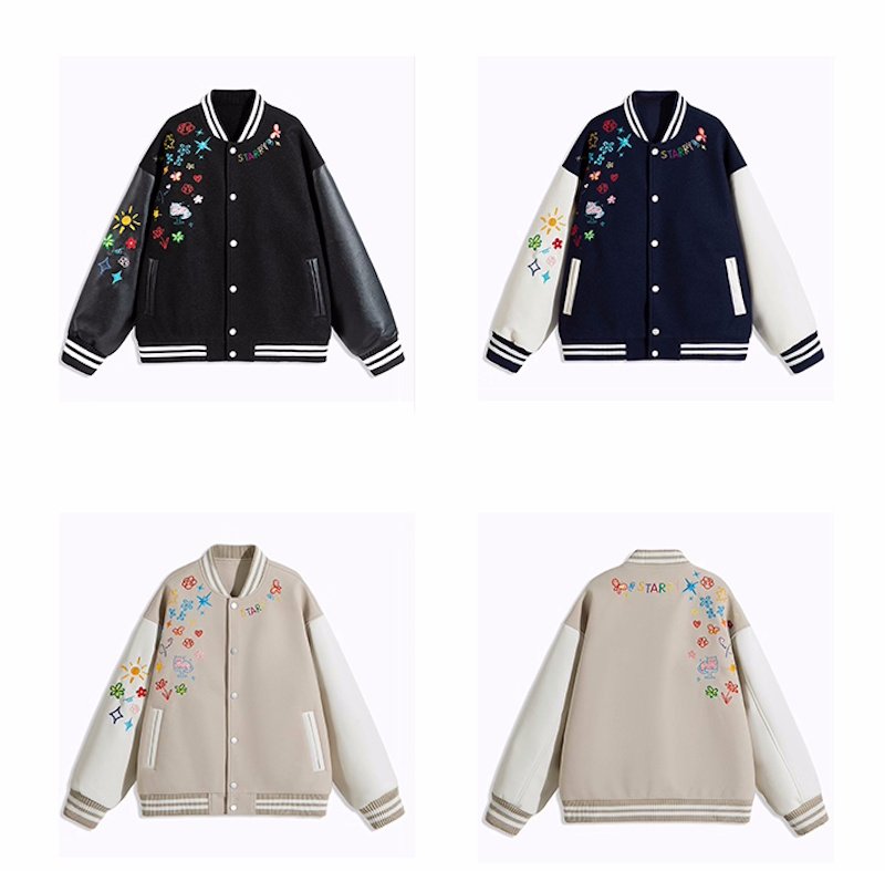 画像5: Floral and pop embroidered leather sleeve varsity jacket baseball uniform jacket blouson ユニセックス 男女兼用 花柄&ポップ刺繍レザースリーブ スタジアムジャンパー スタジャン ジャケットブルゾン (5)