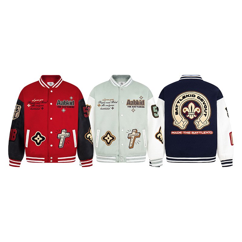 画像1: Cross and lily embroidery stadium jacket baseball uniform jacket blouson ユニセックス 男女兼用クロス&リリーゆり刺繍 ジャケット スタジアムジャンパー スタジャン ジャケットブルゾン (1)