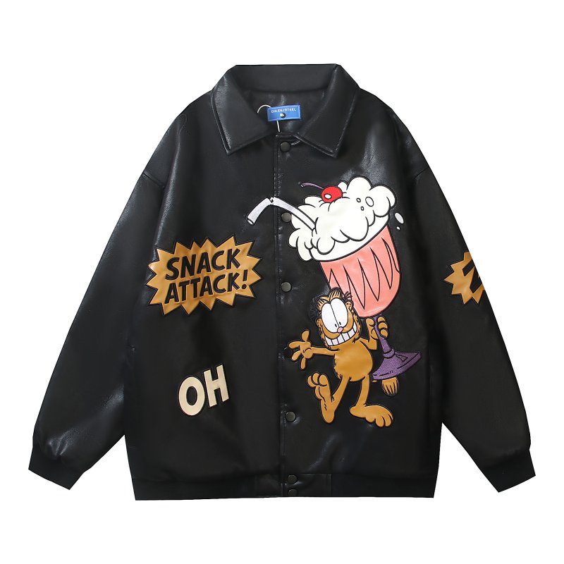 画像2: Garfield embroidered leather jacket stadium baseball uniform jacket blouson ユニセックス 男女兼用 ガーフィールド刺繍レザージャケットスタジアムジャンパー スタジャン ジャケットブルゾン (2)